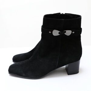 Markon black genuine suede heeled booties shoes leather size 10 silver buckle